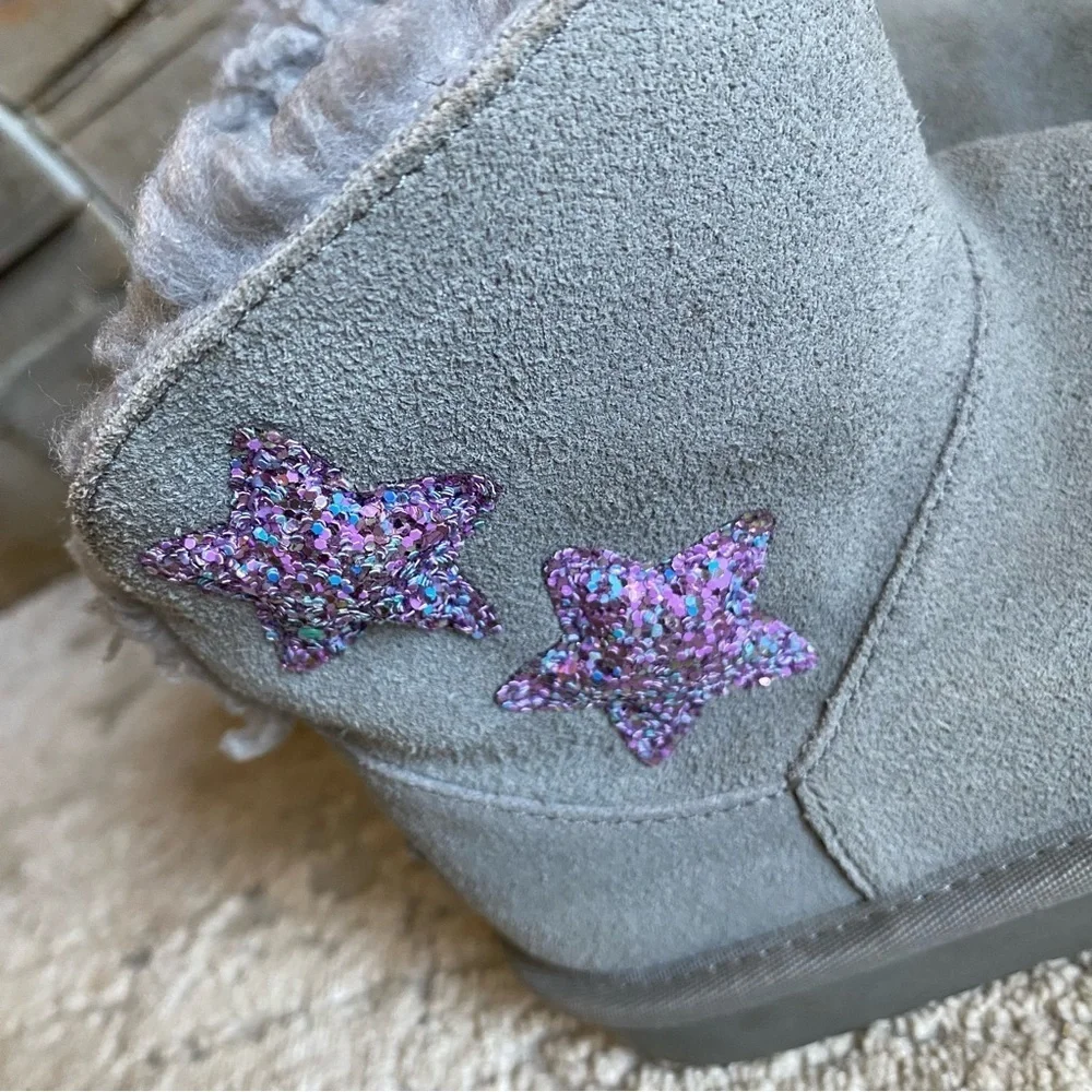 Koolaburra by Ugg Koola Short Boots Gray Suede Leather Ankle Glitter Sheepskin